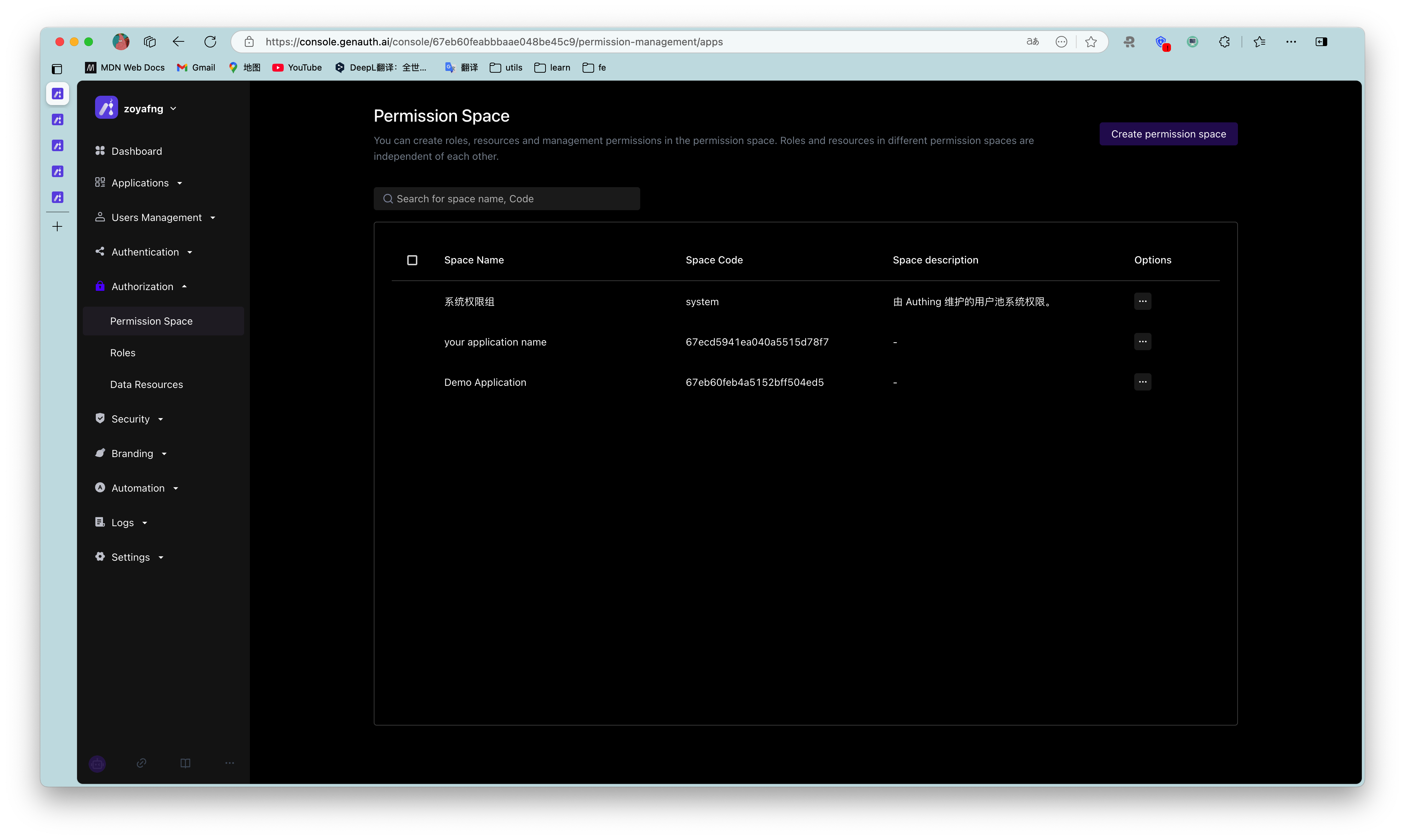 Permission space creation